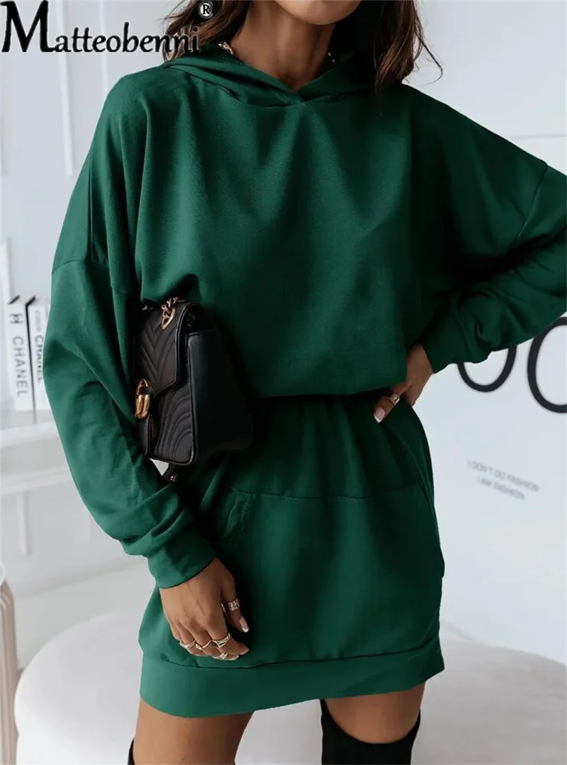 2022 Autumn Winter Women Hooded Casual Dress Fashion Shrink Waist Batwing Sleeve Splicing Kangaroo Bag A-line Skirt Office Basic