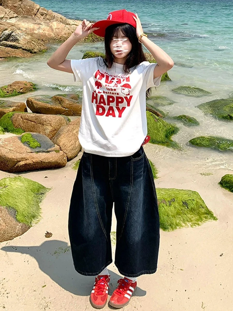 

Большие размеры, американские ретро джинсы на семь футов, женские летние свободные брюки с высокой талией, тонкие прямые брюки с широкими штанинами, средние брюки