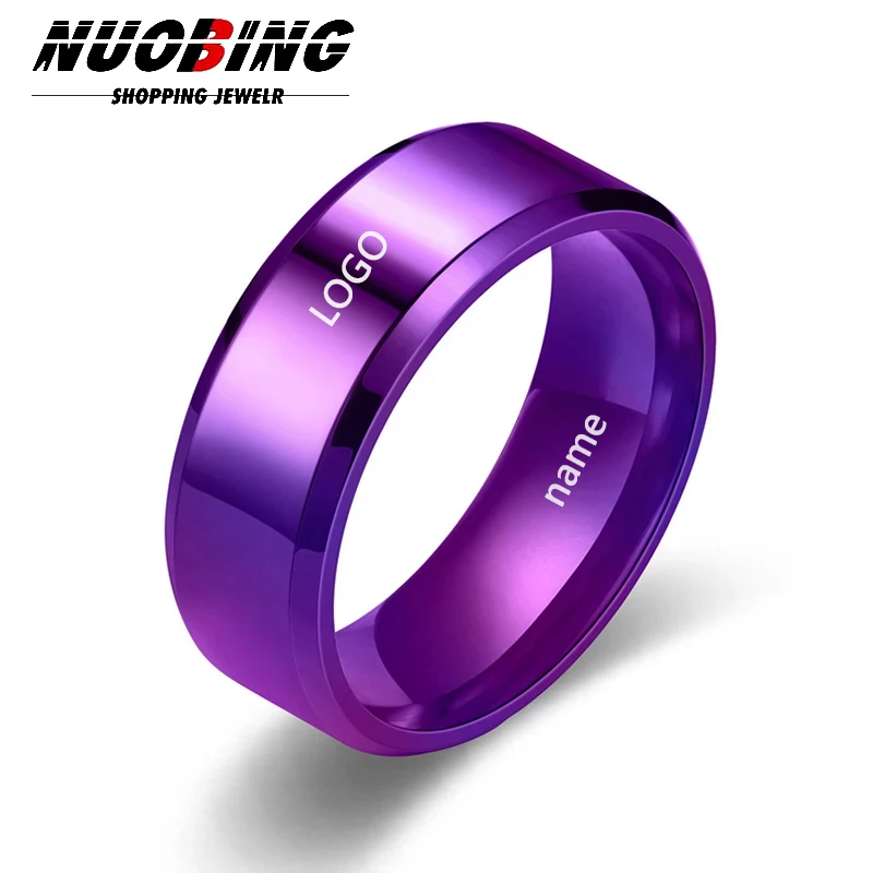 Purple Stainless Steel Personalized Custom Women\'s Carved Exclusive Name Logo Engagement Ring Men\'s Wedding Jewelry Gift