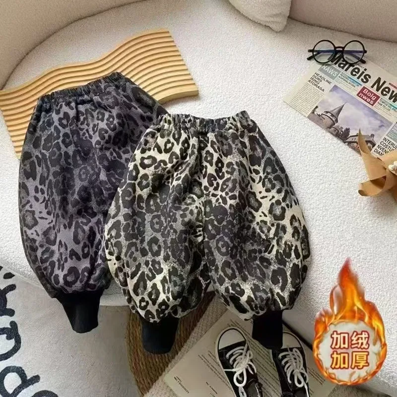 Children's Winter Lantern Pants 2025 New Collection for Boys and Girls with Velvet Pants Leopard Pattern Baby Velvet Pants image 2