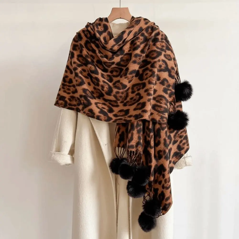 Pom Pom Pashmina Fleece Leopard Print Scarf Thick Cozy Winter Shawl Wrap Thermal Windproof Cashmere Feel Scarf Winter Party