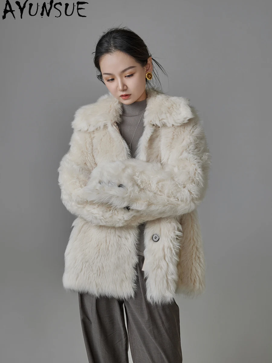 AYUNSUE 天然シープスキン毛皮コート女性リアルレザージャケット冬のジャケット 2025 高級服女性ミッドレングス Шуба Женская