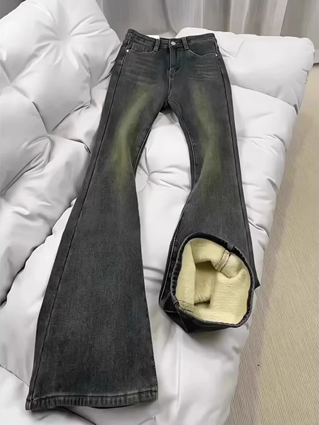 

Синие расклешенные джинсы в стиле ретро, мужские зимние джинсы с удлиненной талией на подкладке, повседневные джинсы в американском стиле с прямыми штанинами и молнией