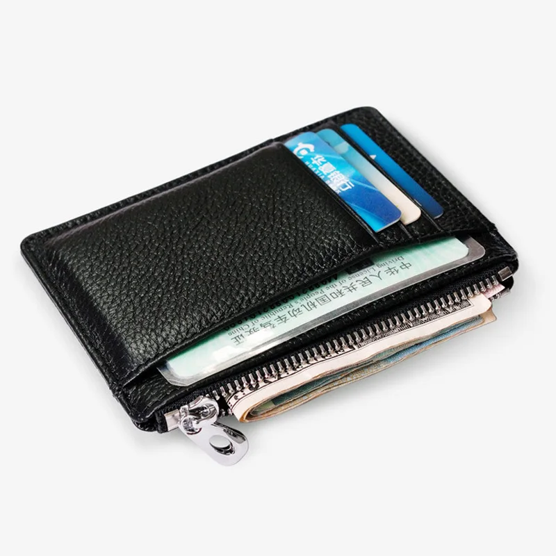 Men's Genuine Leather Minimalist Wallet - Ultra Thin Zipper Coin Pouch with Credit Card Holder (Small Money Bag)
