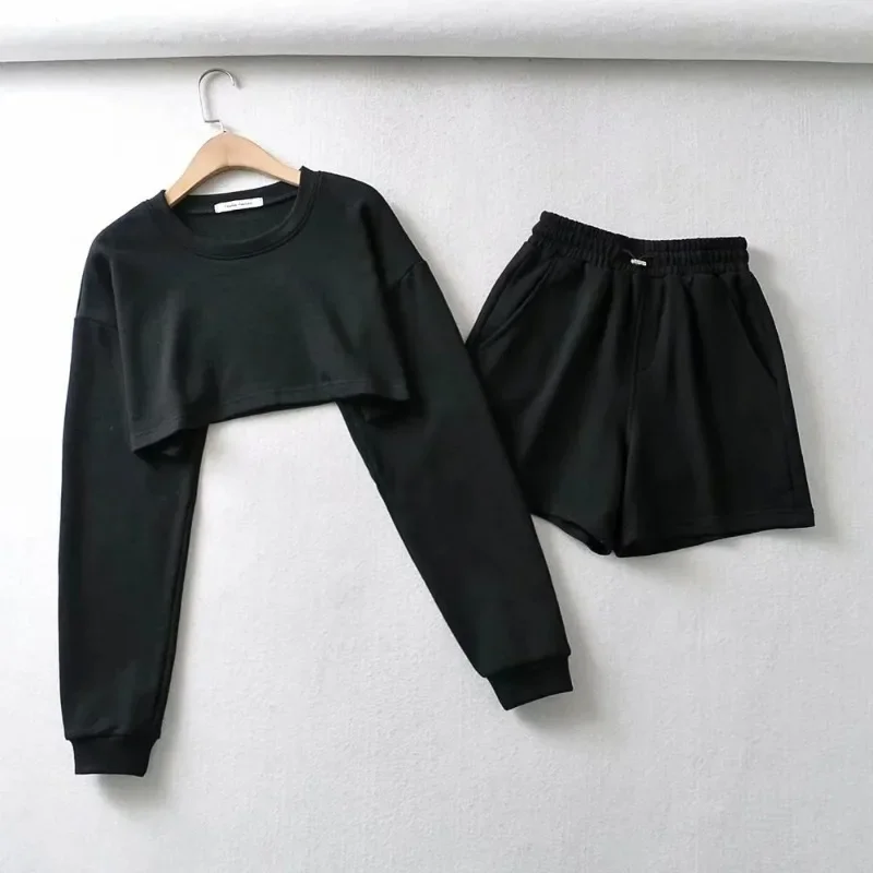 New Women Simple Sport Set Two Piece Set Solid Color Crop Tops and Shorts Loose Casual Chic Girls Suits Sping Autumn Tops Shorts