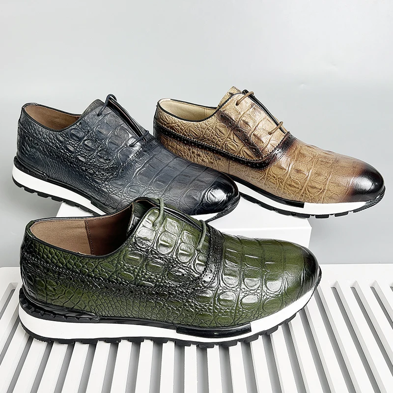 

High-Quality Genuine Leather Embossed Crocodile Pattern Men's Shoes - Lace-Up for Sports, Business & Daily Casual