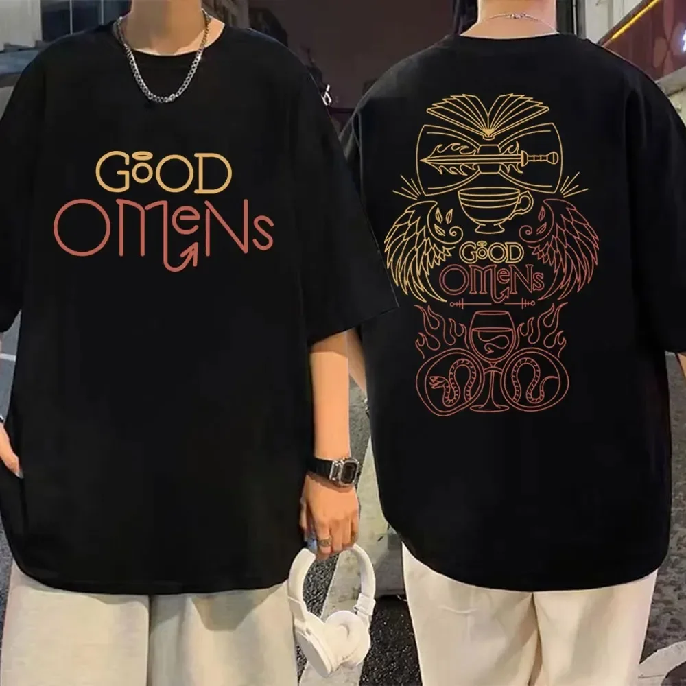 Távolbelátás Dram Javak omens Imprimé kelme T shirts men's Nők Csináltatás évjárat Irdatlan pólók Födémgerenda Alkalmi Akadálymentes Gyapot Póló streetwear