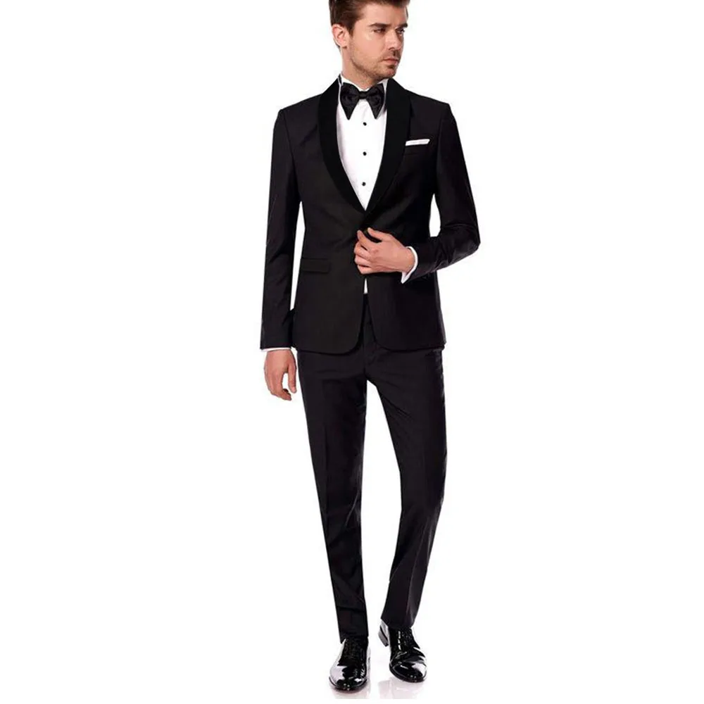 

High Quality Black Skinny Men Suits Formal Shawl Lapel One Button Slim Fit 2 Piece Jacket Pants Set Costume Homme Blazer Terno