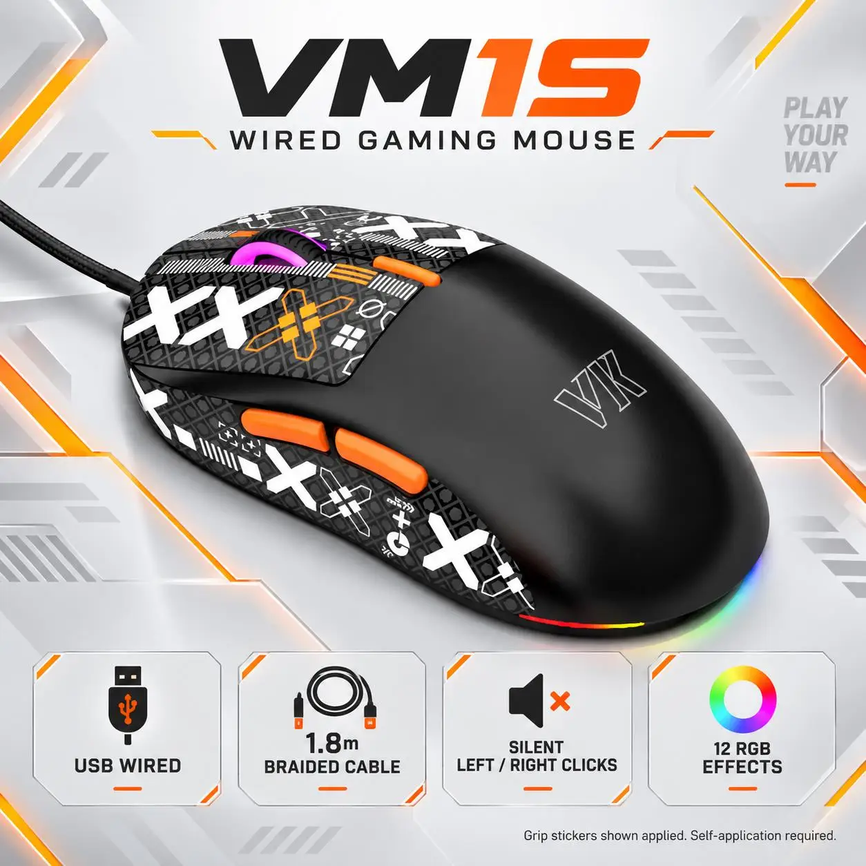 VM1S Wired Silent Gaming Mouse 7200DPI 65g Lightweight 12 RGB Modes Symmetrical 1.8m Braided Cable Anti-Slip Stickers