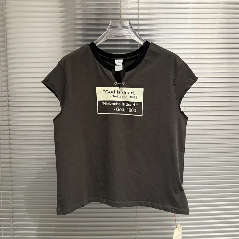 Summer American Retro High-quality Men Women Casual Protocol Index Short Sleeved Top Embroidered Design Collar T-shirt