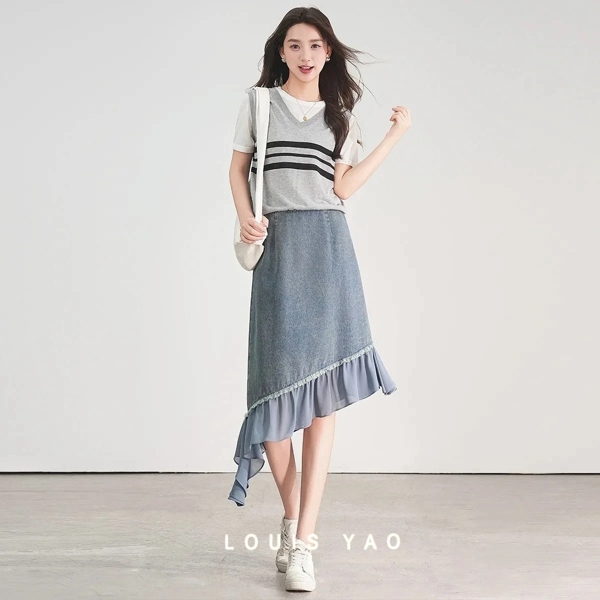 

Ruffle Women's Denim Half-body Skirt Blue Design Irregular Splicing Hem Women Skirt Female Clothing Summer New 2025