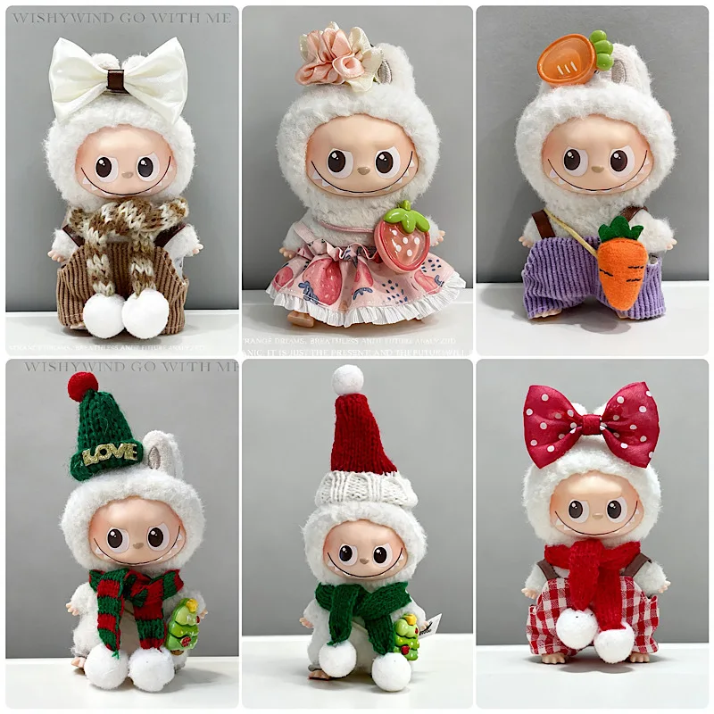 เสื้อผ้าสำหรับตุ๊กตา Mini Labubu แฟชั่นฤดูหนาว ผ้าพันคอ หมวกกบผึ้ง กระโปรง จั๊มสูท กิ๊บติดผมรูปแครอท ลายทาง ของเล่นสุดฮิต ของขวัญ ขนาด 10 ซม.