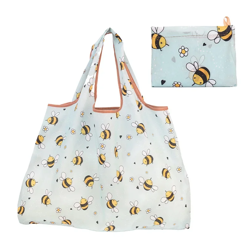 Foldable Bee Bear Cat Flower Pattern Large Shopping Bag Washable  Reusable Easy To Carry Capacity Handbags