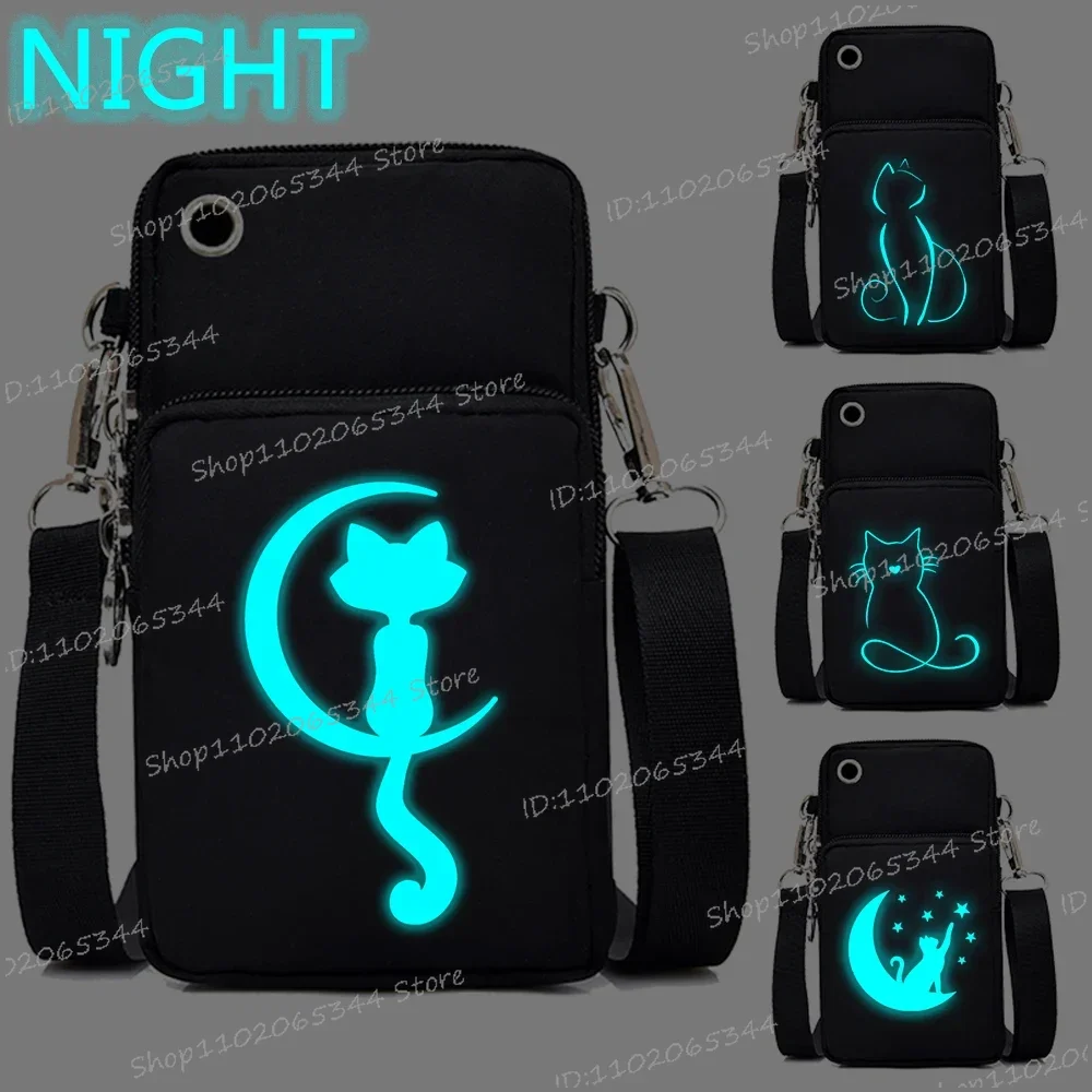 Nowa torba na telefon komórkowy Cartoon Cat Women Luminous Messenger Bag Hanging Neck Purse Vertical Handbag Funny Cats Mini Crossbody Bag
