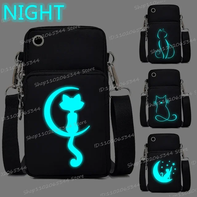 Nowa torba na telefon komórkowy Cartoon Cat Women Luminous Messenger Bag Hanging Neck Purse Vertical Handbag Funny Cats Mini Crossbody Bag