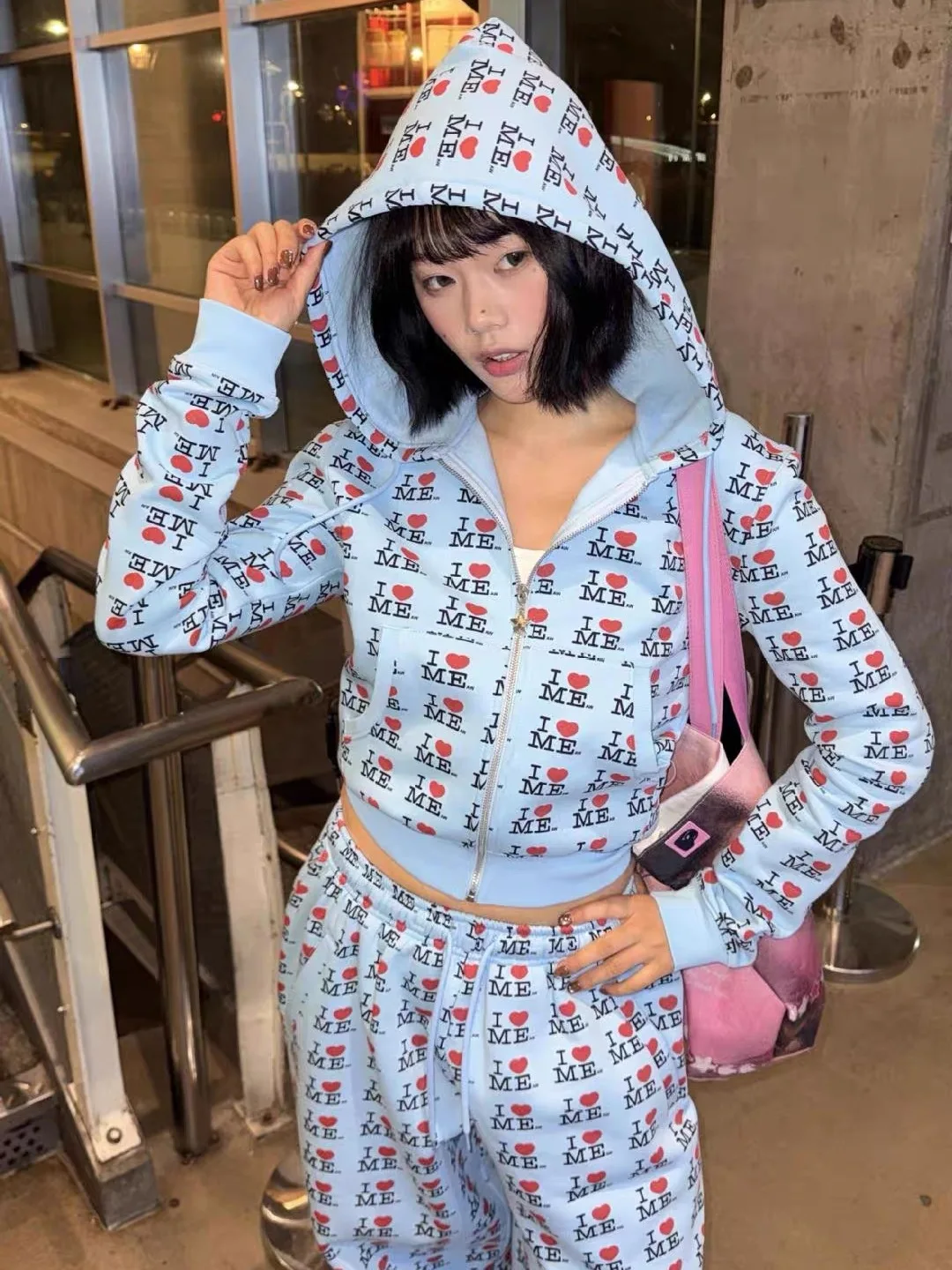 Love Letter Heart Print Slim Fit Zipper Hoodie Jacket Short Pants Set Casual Style Cotton Material Youthful And Wear Resistant