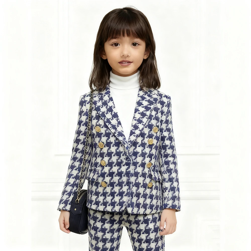 

Fashion Girls Suits Classic Houndstooth Double Breasted Peak Lapel Blazer High Quality Kids 2 Piece Jacket Pants Outfits