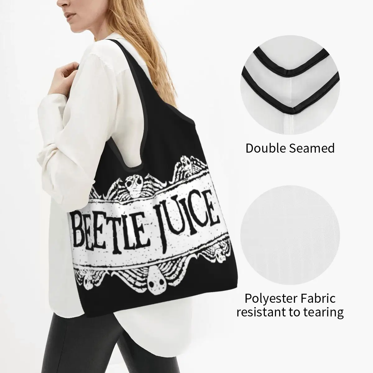 B-beetlejuice-bolsa de compras reutilizable de película de terror, bolsas de comestibles plegables, lavables, grandes