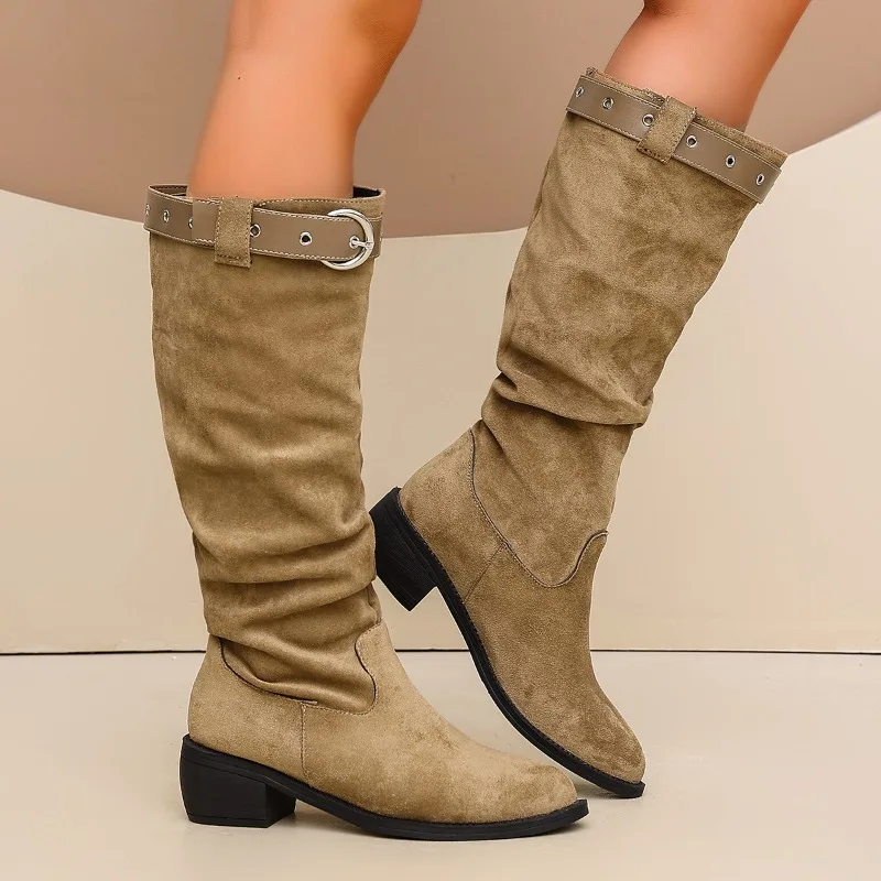 Retro Block Heel Pointed Toe High Heels Women's 2026 New Autumn and Winter Western Cowboy Boots Look Thin Pleated Pile Boots