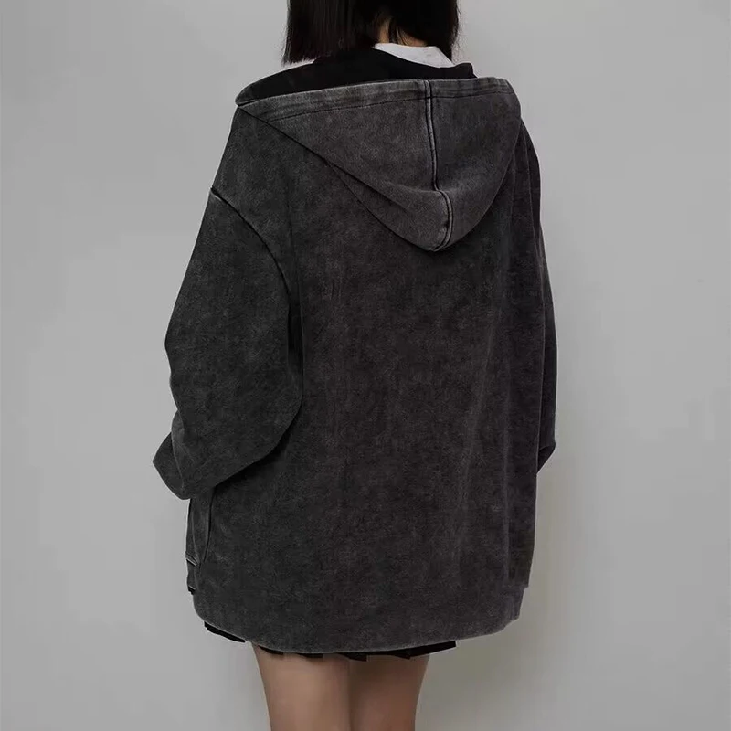 Spring Fall Zipper Letter Print Men Long Sleeve Hooded Cardigan Sweatshirts Fashion Vintage High Street Oversized Clothes Unisex