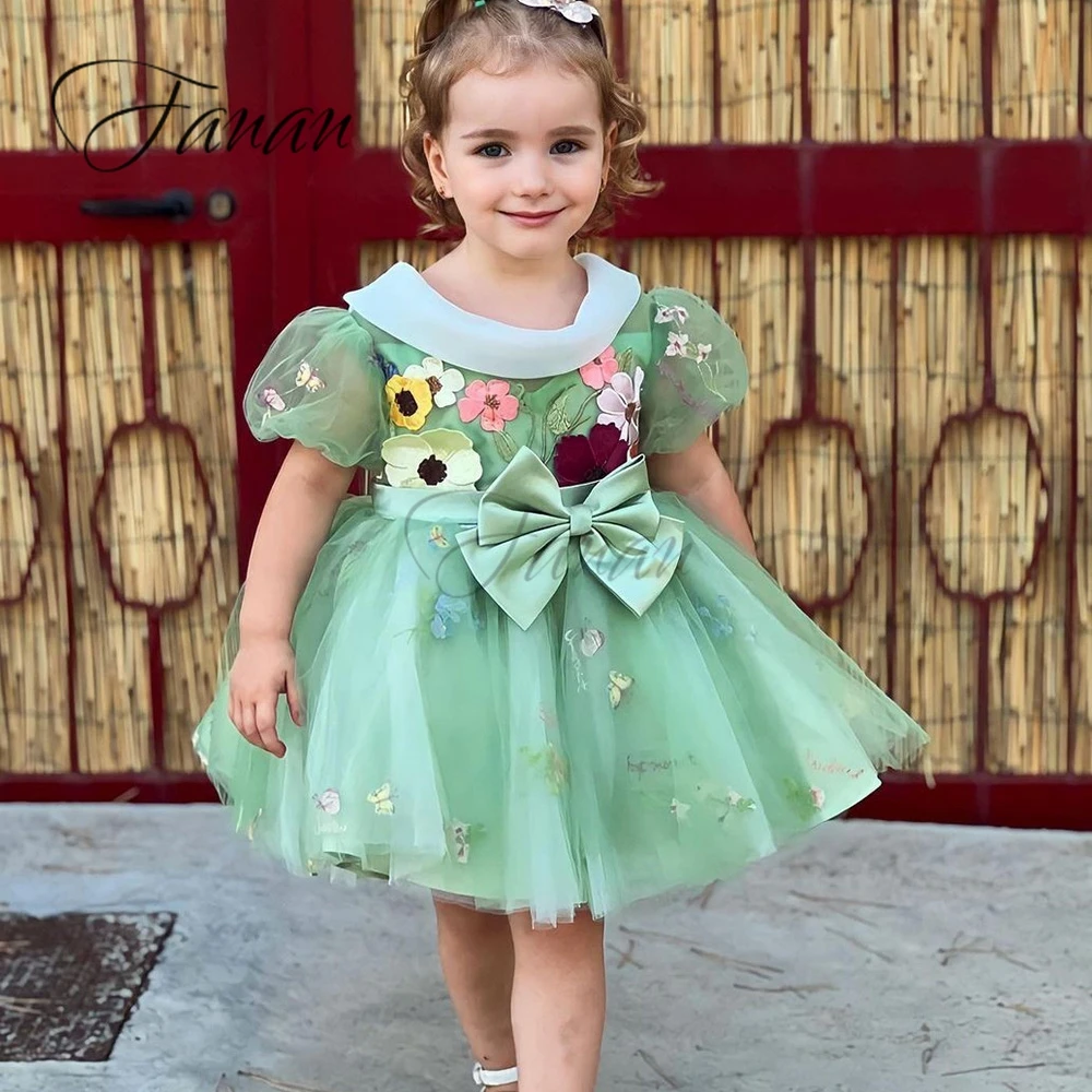 Customized Exquisite Round Neck Bow Tulle Children's Dress Lantern Sleeve A-line Flower Girl es Mini  платье для девочки