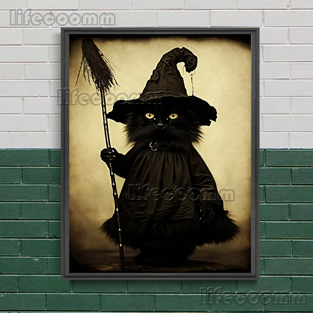 لوحة فنية على القماش لتزيين المنزل ، ملصق حيوان غامق قوطي ، قطة سوداء ، ساحرة ، صور عتيقة ، طباعة أكاديمية داكنة #3