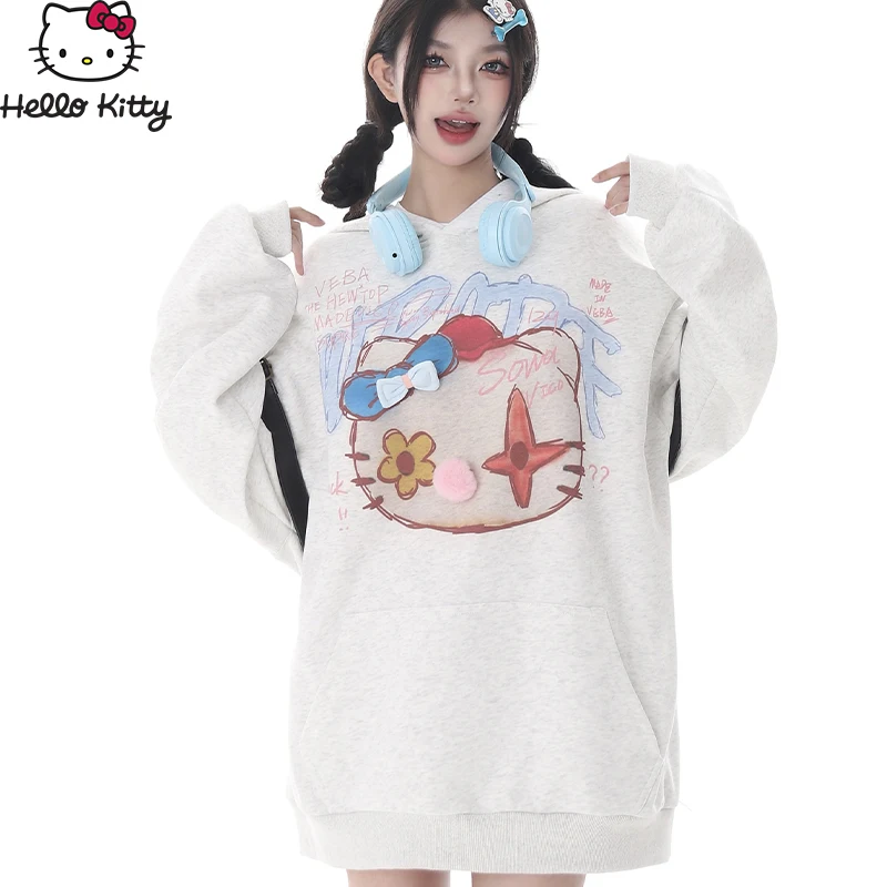 Hello Kitty Y2K Hooded Pullover Kawaii Sanrio Kt Cotton Sweatshirt Anime Cartoon Autumn Oversize Casual Loose Vintage Streetwear