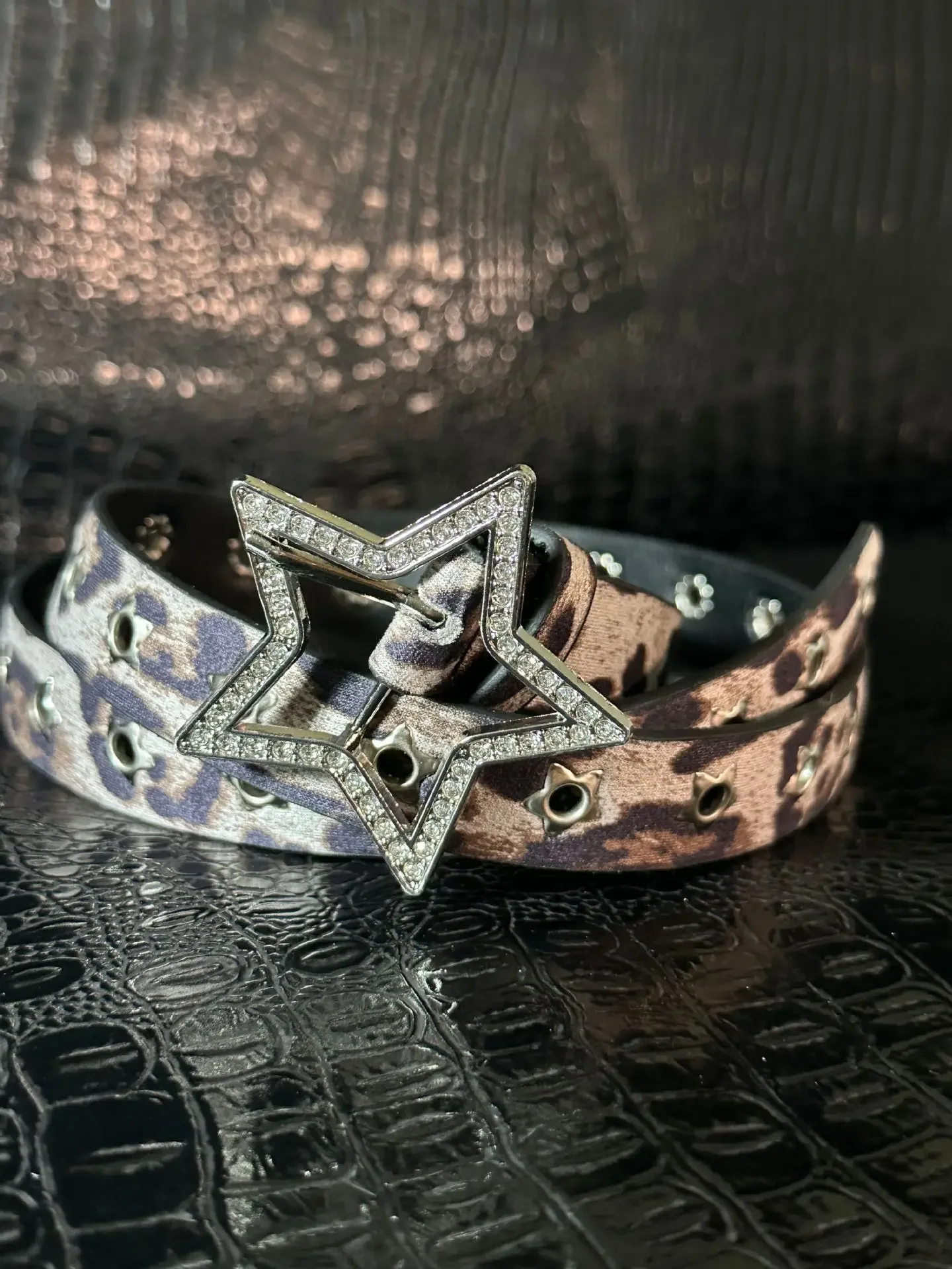 Y2K Punk Leopard Print Star Eyelet Black Rivet Belt Goth Pu 