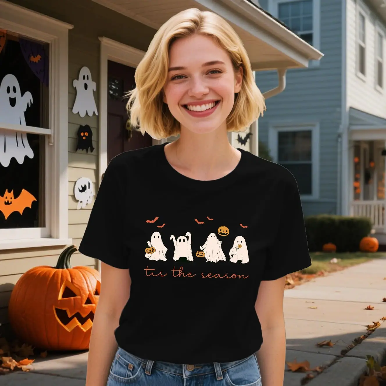 ハロウィンシャツ女性用 Tis The Season ハロウィンコウモリ Tシャツかわいいゴーストパンプキン Tシャツトップス女性服
