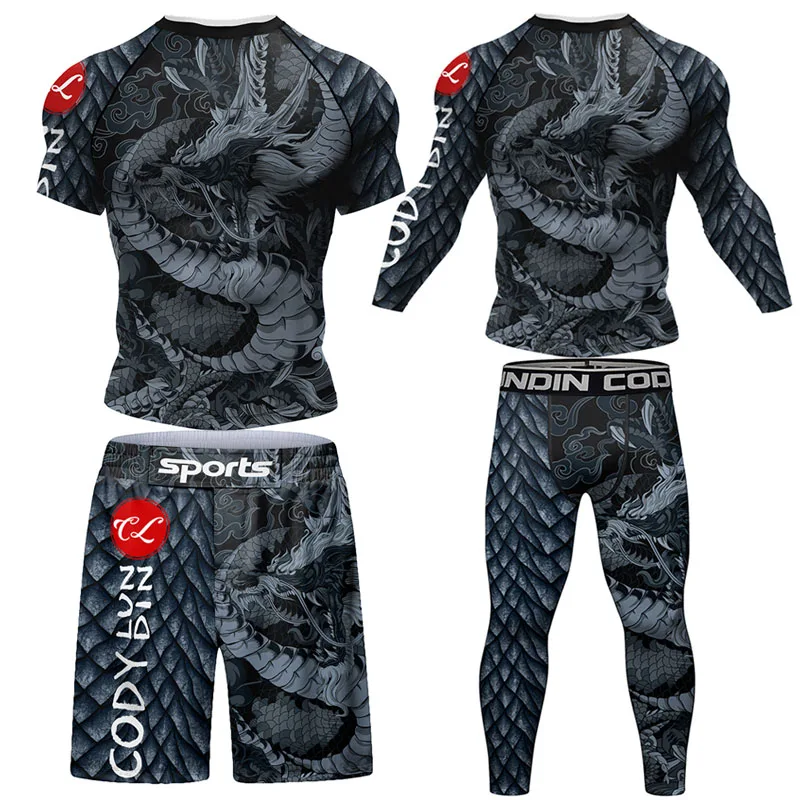 Spodenki Mma Jiu Jitsu T-shirt zestawy spodni Rashguard Bjj całe ciało mężczyźni kobiety kompresyjne koszulki bokserskie Rash Guard odzież garnitury