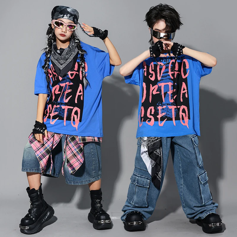 Hip Hop Jungen Lose T-shirt Zerrissene Jeans Hosen Street Dance Shorts Mädchen K-pop Jazz Kostüm Kinder Kleidung Set kind Streetwear