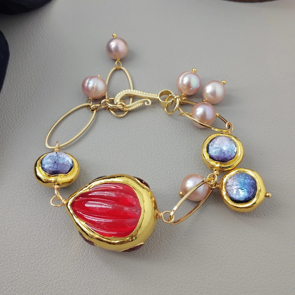 YYGEM Cultured Purple Pearl 16mm Murano Glass 24x30mm Red Quartz Charm Bracelet Earrings Set view 6