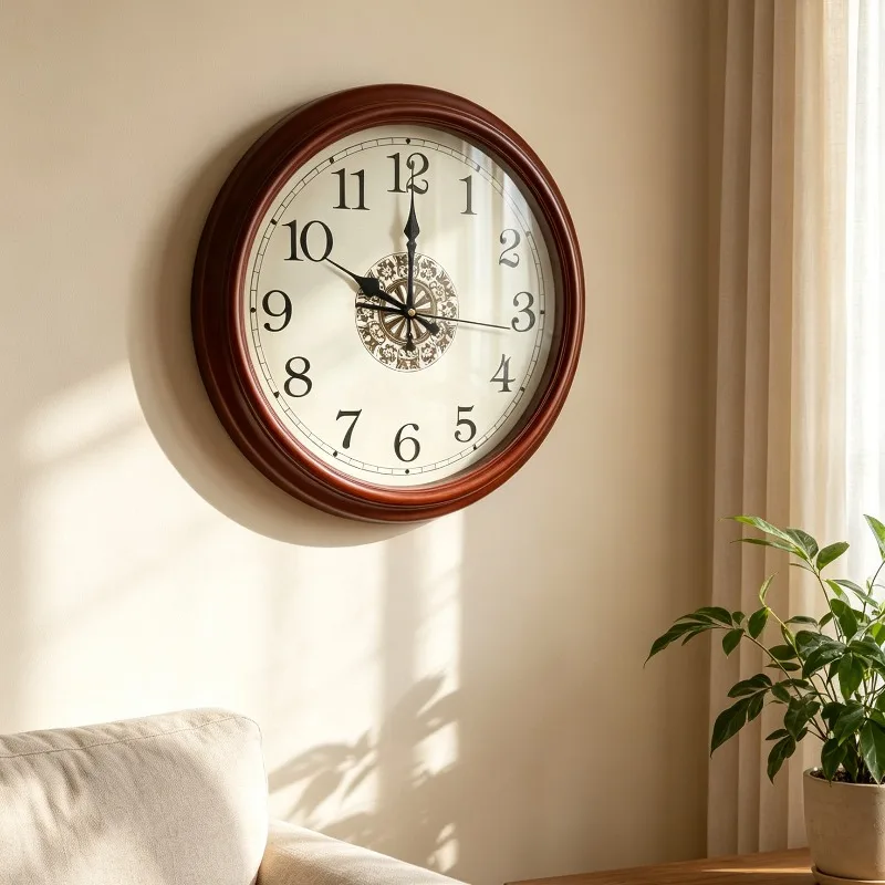 Creative Silent Round Wall Clocks Baroque Solid Wood Wall Clocks No Drilling Required Farmhouse Nordic Retro Classic Luxury Home
