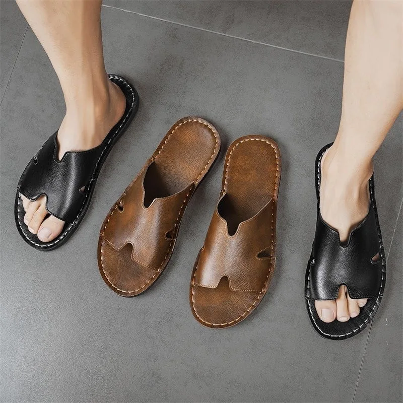 

Luxury Men's Slippers Fashion Handmade Cowhide Leather Slippers Non Slip Flat Slippers for Men Designer Slipper Chanclas Hombre