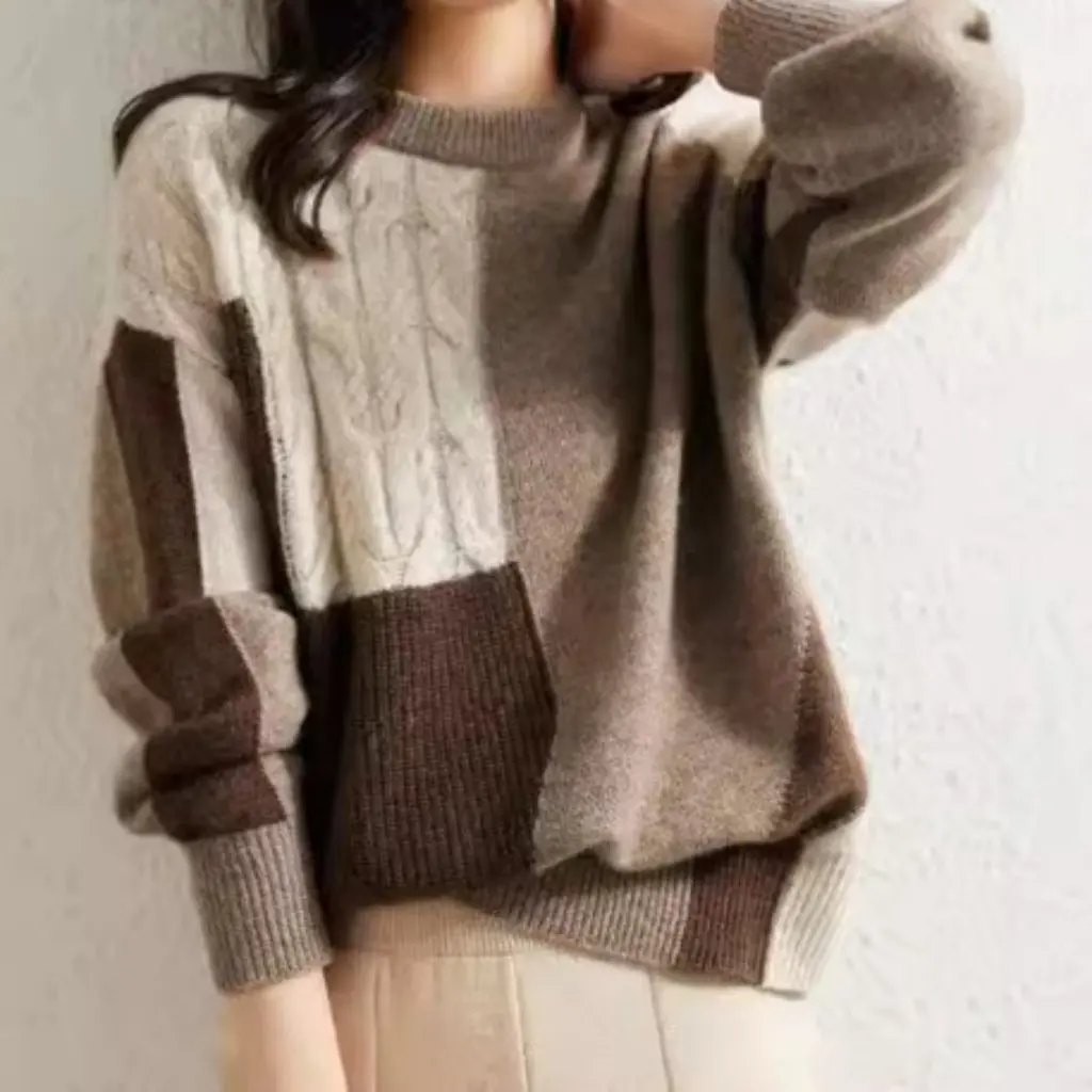 

Women's European Vintage Twist Color Matching round Neck Sweater Slim Fit Fashion Base Layer for Autumn Winter All-Match