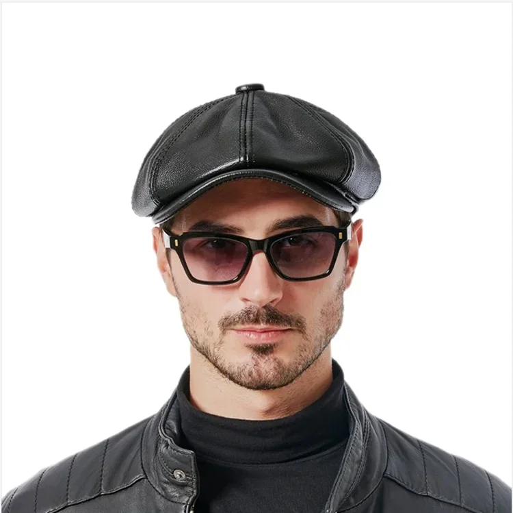 Retro Brown Hats Men Spring/Winter 100% Real Leather Warm Cap Male Beret Painter Boina Cowhide Octagonal Casquette High Quality