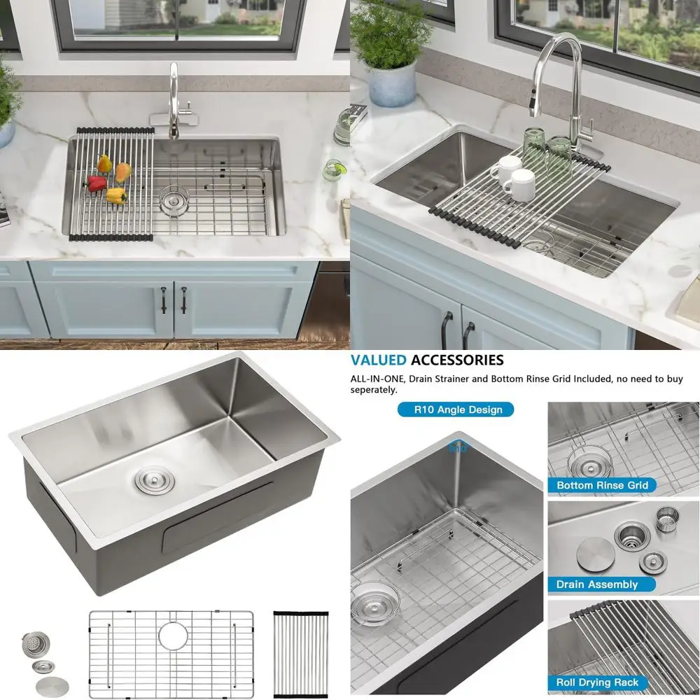 

Кухонная мойка с одной чашей 33 x 19 дюймов, врезная, из нержавеющей стали T304, толщина 16 калибра