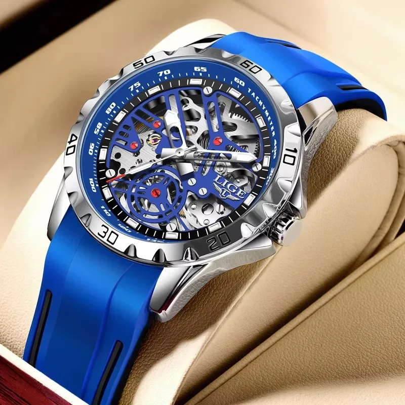 

LIGE мужские автоматические механические часы с корпусом из нержавеющей стали, силиконовый ремешок, скелетонизированный циферблат, водонепроницаемые спортивные наручные часы