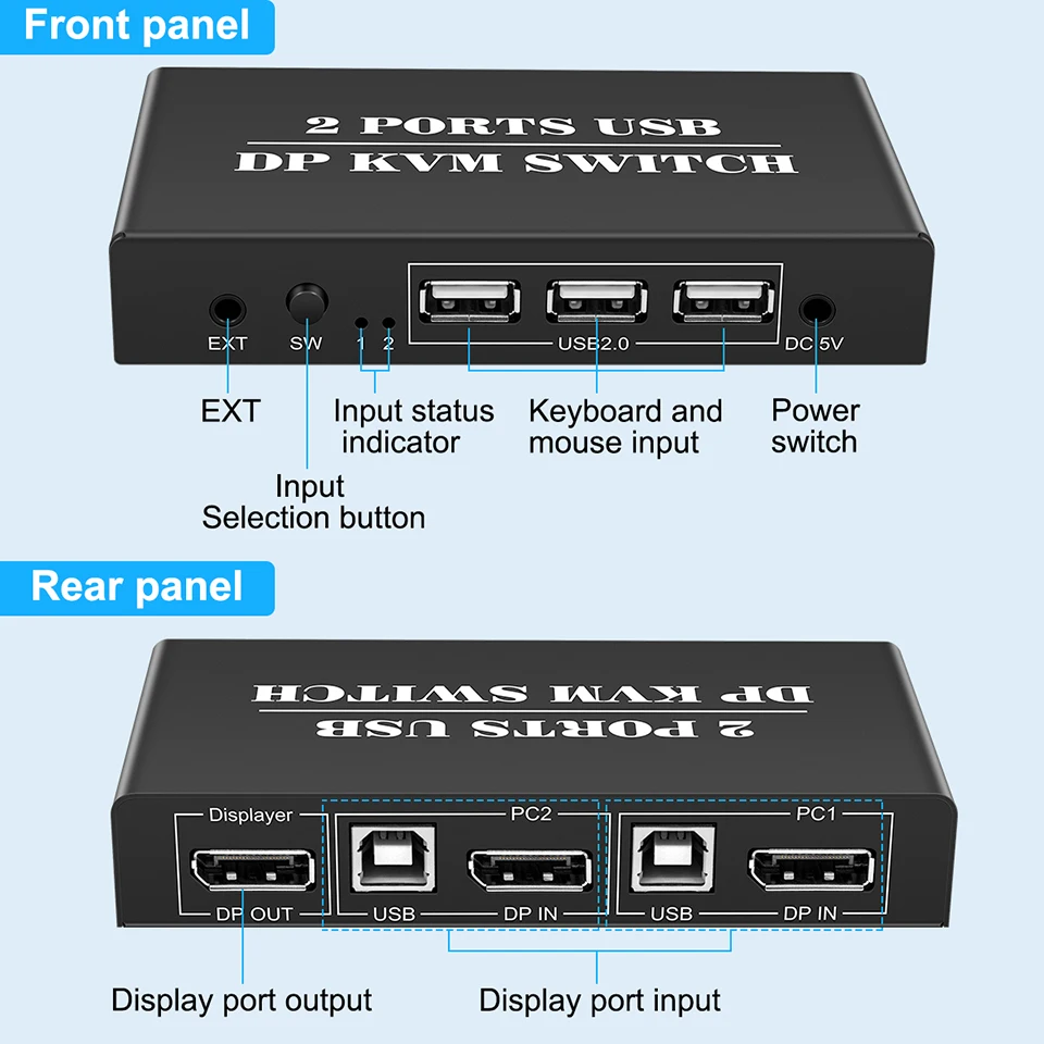 2x1 DP USB KVM Switcher KVM Dual-port DisplayPort KVM Switch 2 Port 8K 30Hz 4K60hz  2 in 1 out mouse&keyboad supported