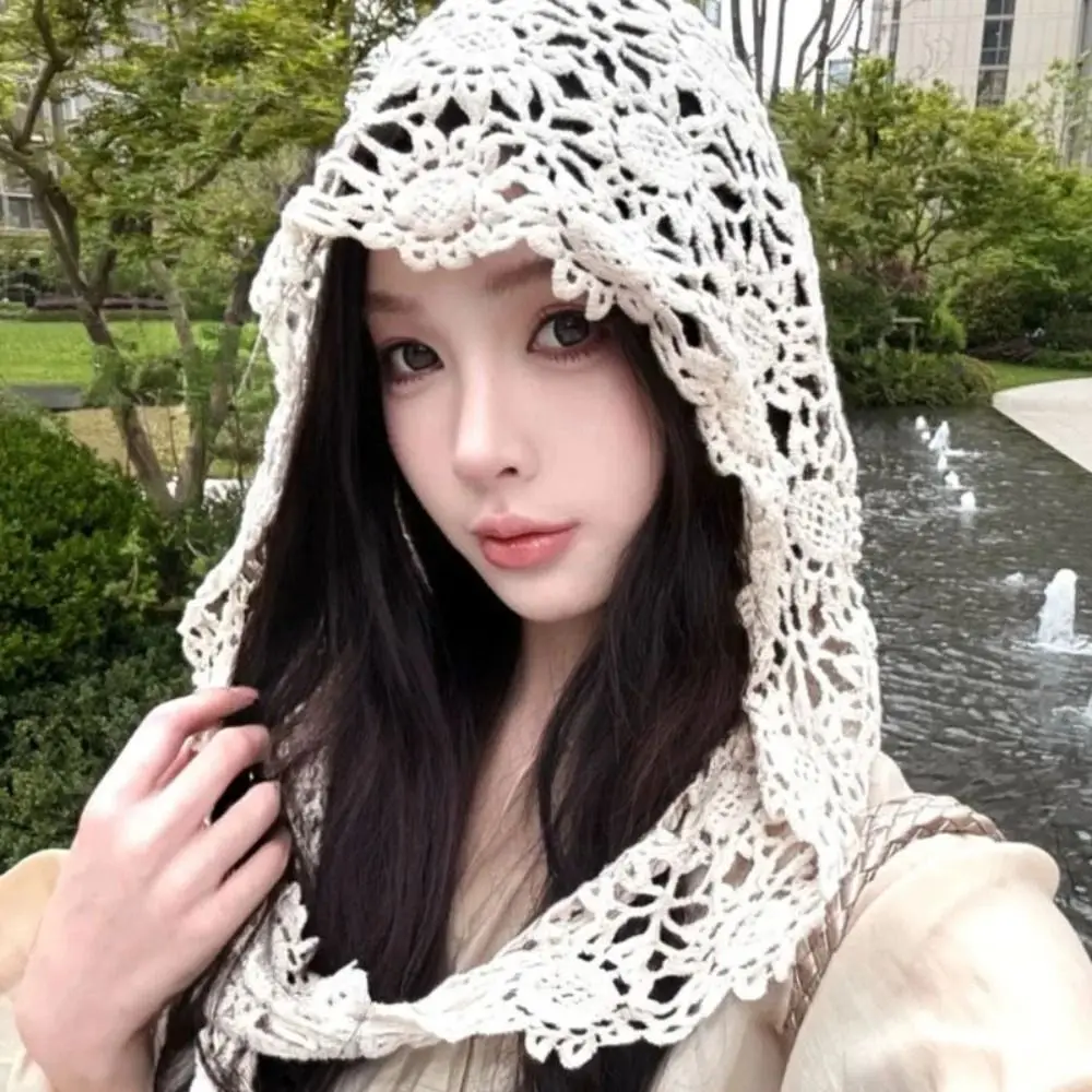Boho Flower Hollow Out Crochet Hat Breathable Handmade Knitted Beanie Cap Concave Strap Thin Tie Pullover Hat