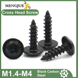 50-200pcs Mini Black Carbon Steel M1.4 M1.7 M2 M2.5 M3 M3.5 M4 Phillips PWA Cross Round Head Self Tapping Screws with Washer