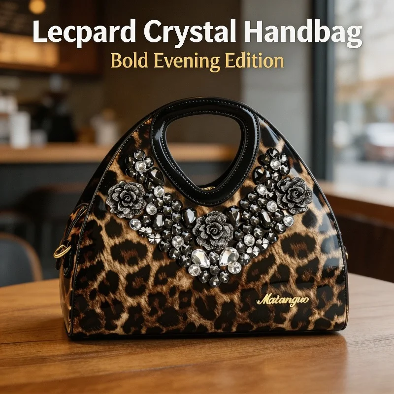 Women Leopard Print Tote Handbag Faux Leather Rhinestone Flower Decoration Hollow Top Handle Detachable Crossbody Shoulder Purse