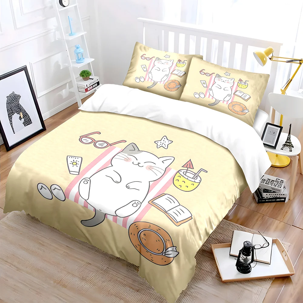 Relaxed Cat with Summer Items Bedding Set for Kids Luxury Gift 3pcs Digital Print Comforter Set Soft Comfortable Breathable
