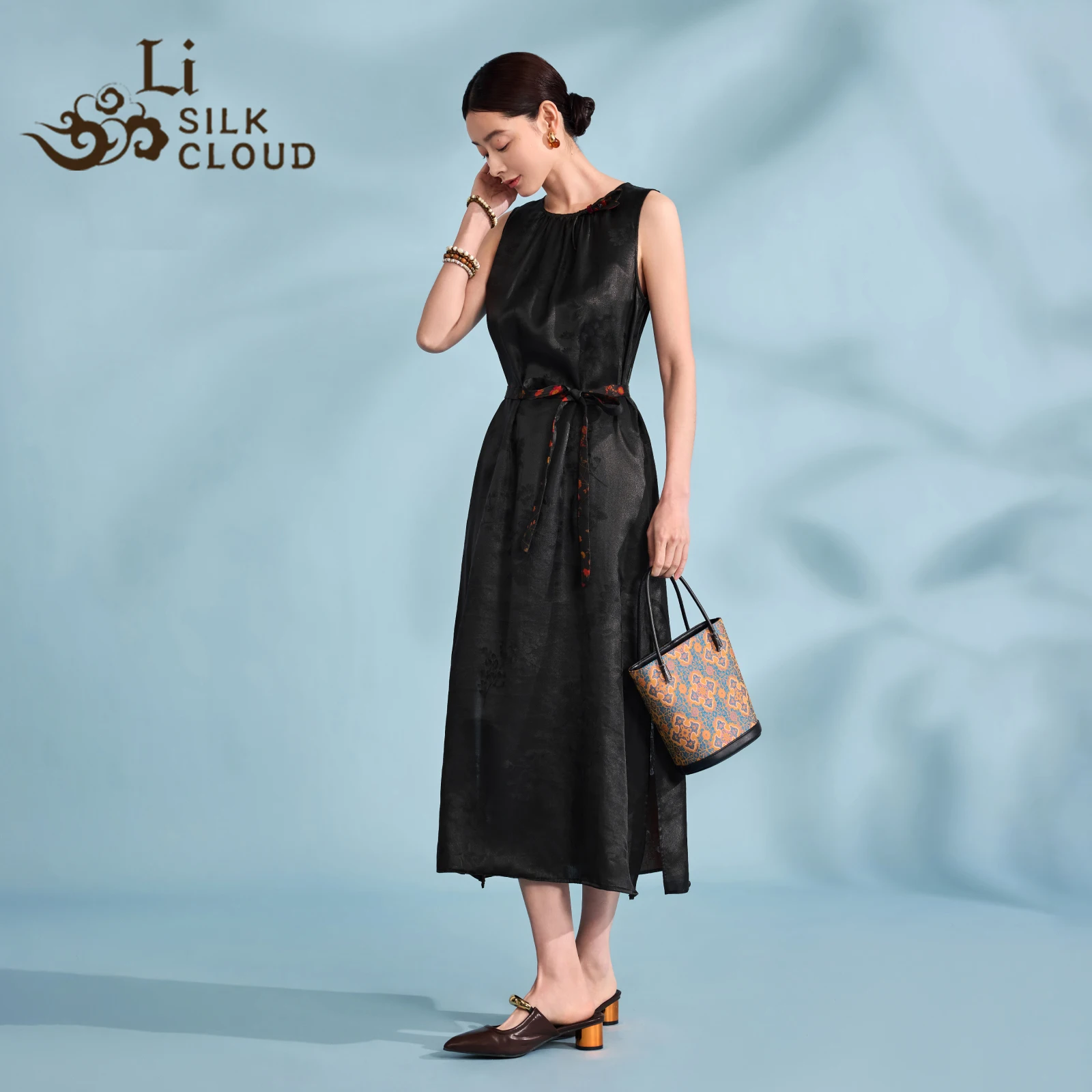 

LI SILK CLOUD Women's 100% Mulberry Silk Xiangyunsha Dress - Chinese Style, Retro Prints & Decorative Belt, Timeless Look