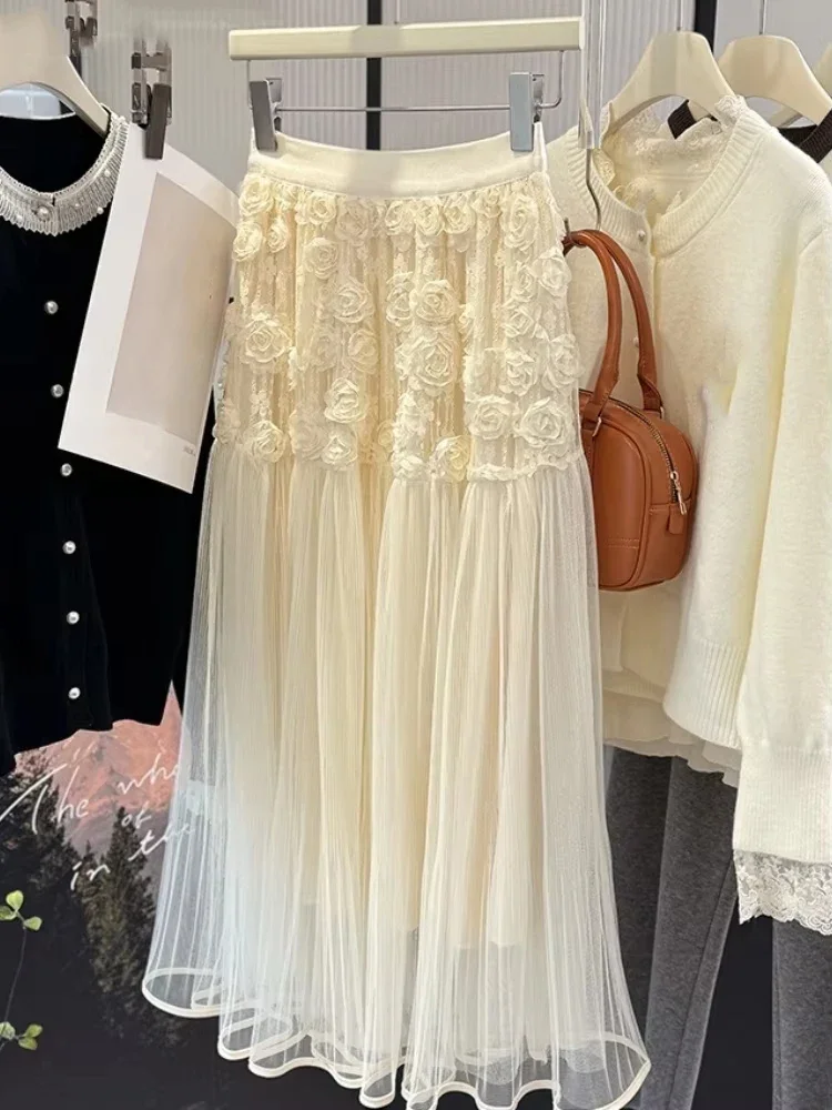 

2025 Faldas Mujer De Moda 3d Flower Gauze Skirts For Women's High Waist A-line Jupe Fashion Summer Saia Loose Big Swing Skirt
