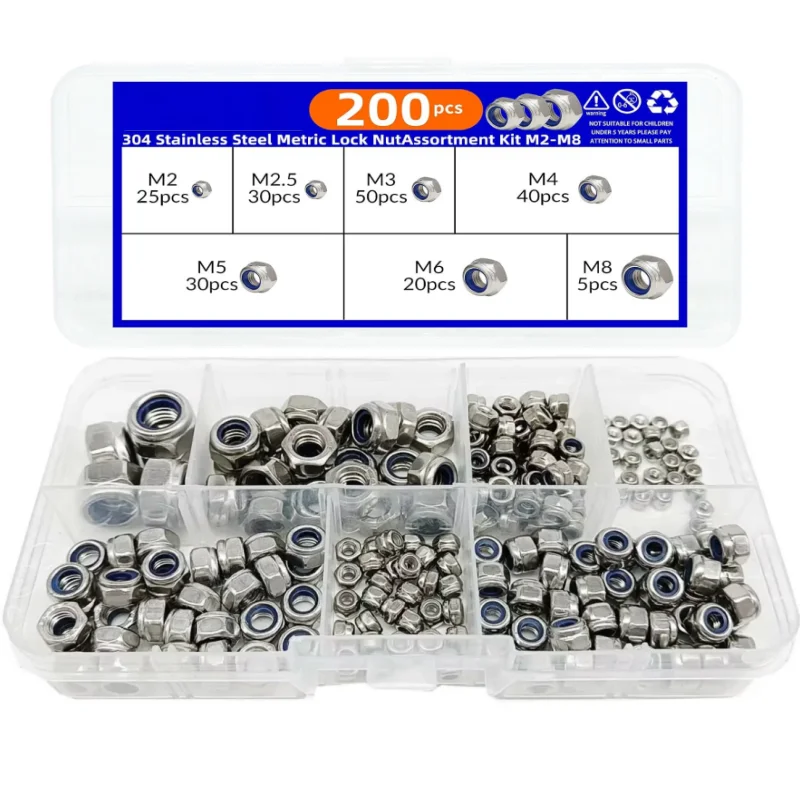200 Stück 304 Edelstahl Sechskant-Nylon-Einsatz Selbstsichernde Mutter DIN985 Nylock Sicherungsmutter Sortiment Set M2-M8 Größen