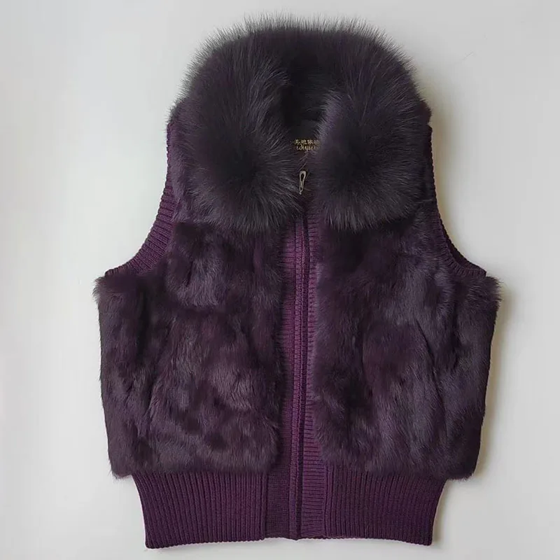 

2025 New Winter Women Real Rabbit Fur vest With Fox Fur Collar Luxury Warm Female Sleeveless Genuine Fur Waistcoat Outwear