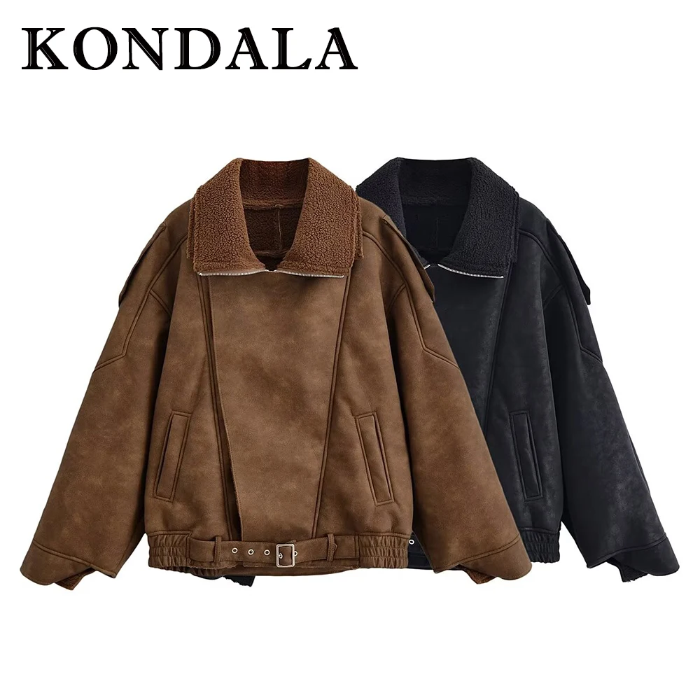 

KONDALA Chic 2025 женская однотонная верхняя одежда на молнии модная осенняя куртка с длинными рукавами винтажная свободная уличная одежда женские куртки с поясом