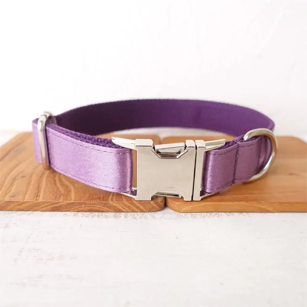 Personalized Dog Collar with Free Engraving, Matching Pet Leash,Customzied Contacts Metal Buckle, Shiny Purple Puppy Colalr