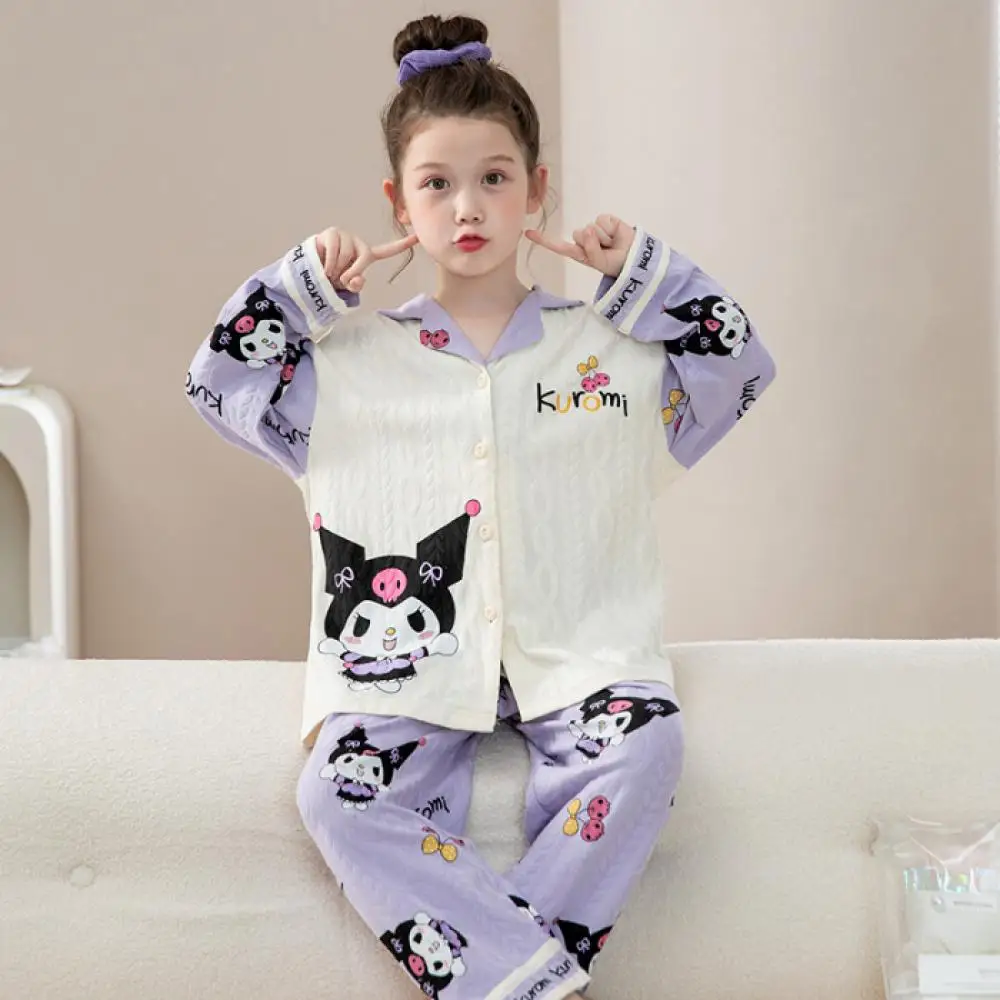 2Pcs Parent-Child Pajamas Kawaii Spring Autumn Anime Kuromi Melody Cinnamoroll Girl Cartoon Doll Collar Cardigan Pants Homewear